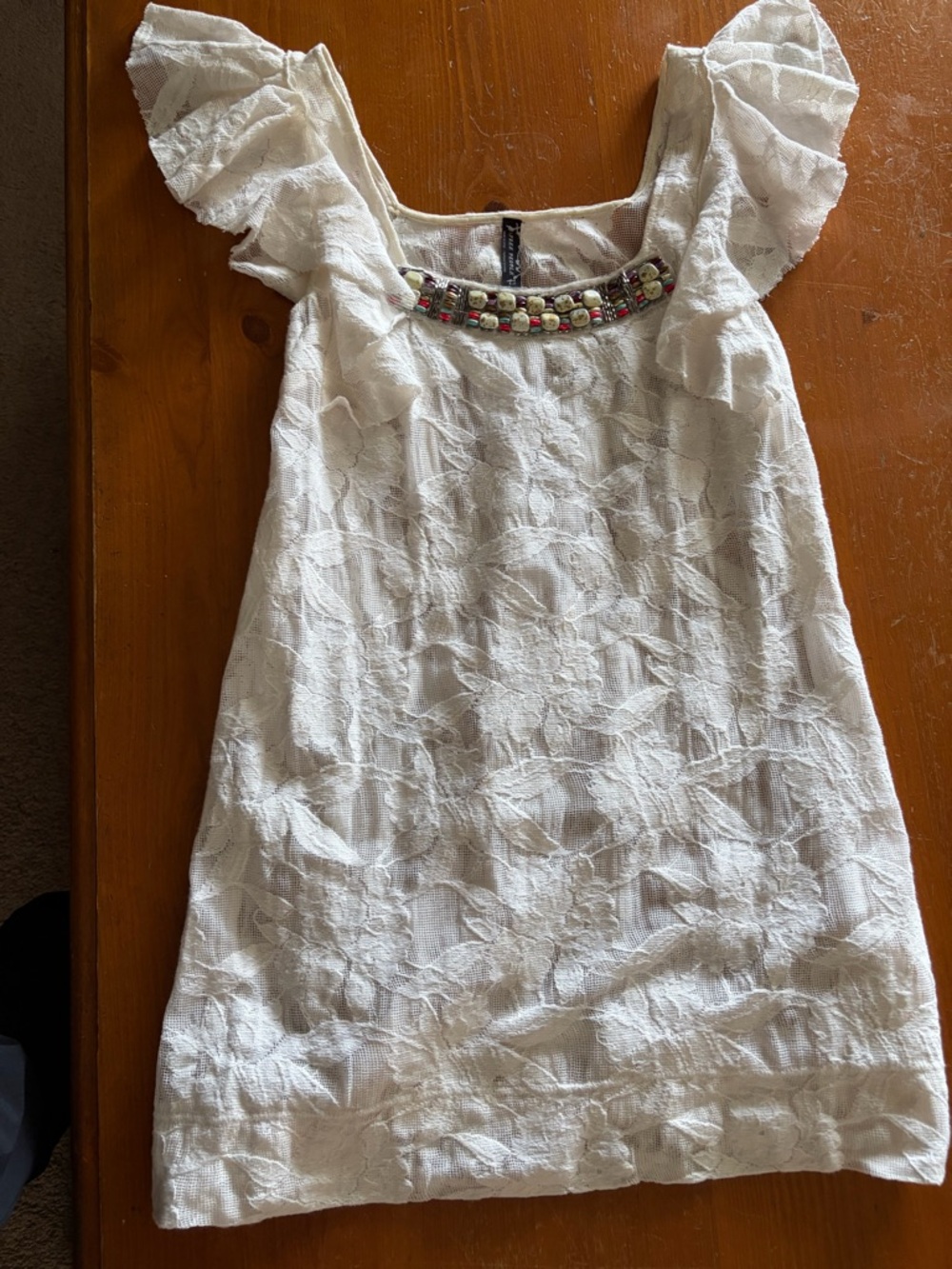 Free People Cream Lace Dress/ Coverup with Beaded Neckline - Picture 4 of 6